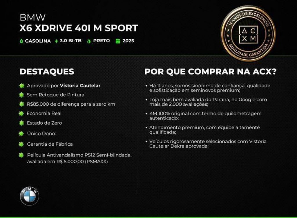 Imagem do veículo BMW X6 XDRIVE 40I M SPORT 3.0 BI-TURBO 2025